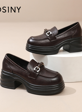 粗跟圆头增高女鞋2025秋季新品单鞋系带个性金属搭扣通勤鞋潮鞋女