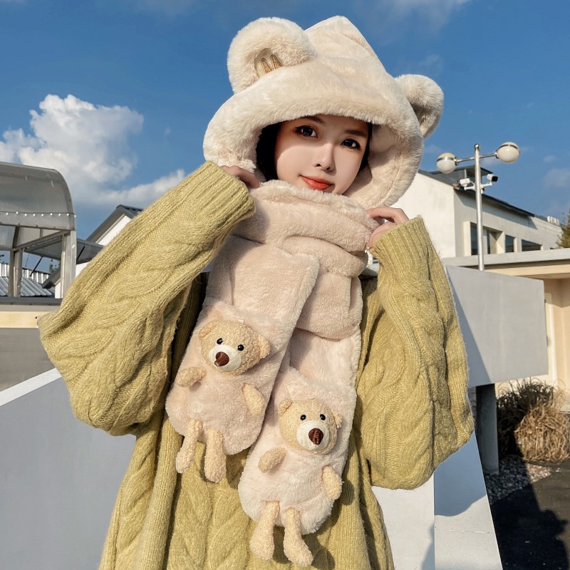 秋冬新款小熊帽子围巾一体可爱