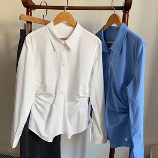 秋冬内搭刚需！合身不包身，长袖收腰衬衫女蓝色通勤气质白衬衣棉