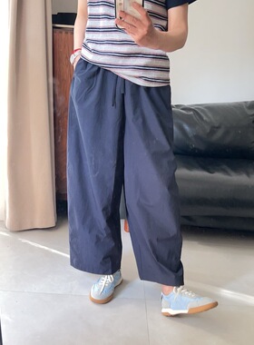 慵懒松弛高腰松紧腰阔腿裤女白色宽松九分休闲裤小个子