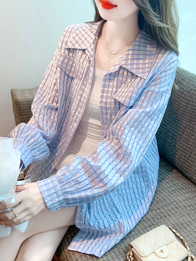 格子长袖衬衫防晒衣女夏装2023夏季新款韩版宽松防紫外线上衣外套