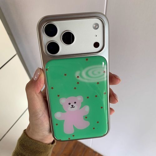 PANLINGWAN原创绿粉色小熊银框电镀滴胶手机壳适用于苹果16/17PM