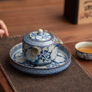 青花双耳手抓壶陶瓷泡茶壶家用喝茶壶禅意防烫功夫茶具 仿古汝窑元