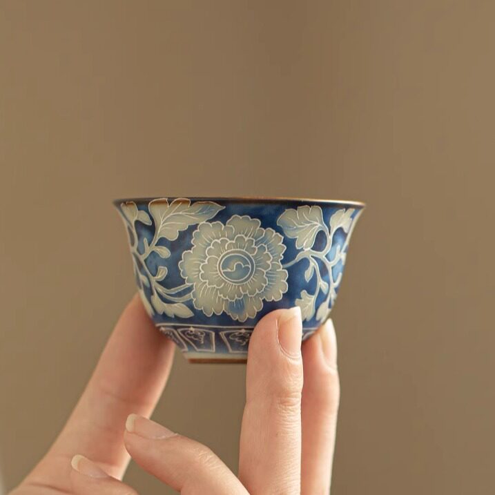 仿宋汝窑元青花反口杯陶瓷茶杯家用品茗杯主人杯单杯茶盏功夫茶具