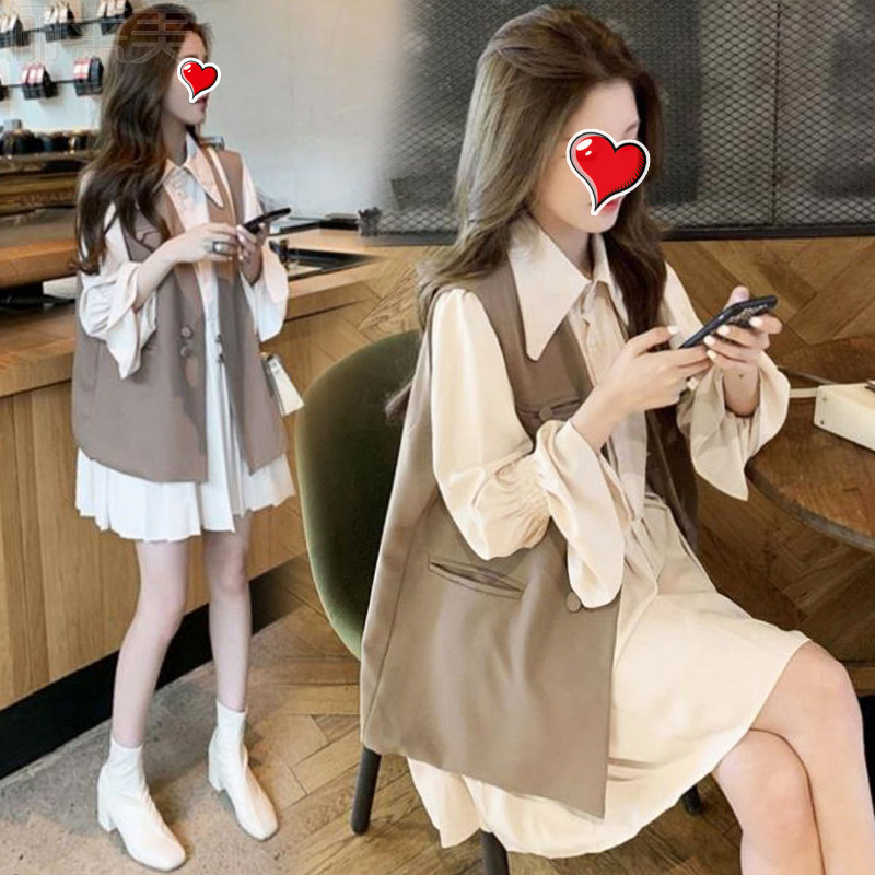 출산 착용 가을 정장 세련된 벨 슬리브 셔츠 스커트 탑 한국식 조끼 가을 겨울 드레스 투피스 세트