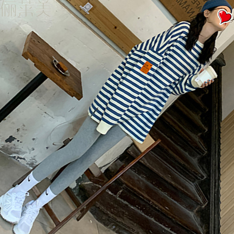 임신 여성의 가을 의류 정장 인터넷 연예인 패션 순수 코튼 스트라이프 탑 스웨트 셔츠 출산 의류 가을 겨울 새 드레스
