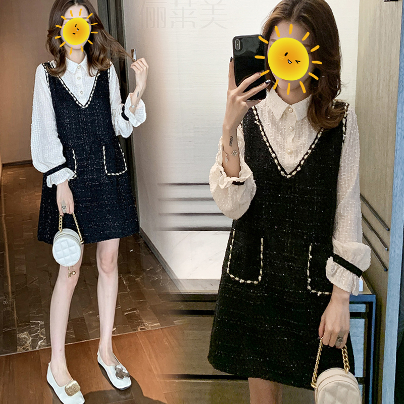 孕妇秋装套装2023新款上衣宽松假两件长袖孕妇连衣裙中长款秋冬季