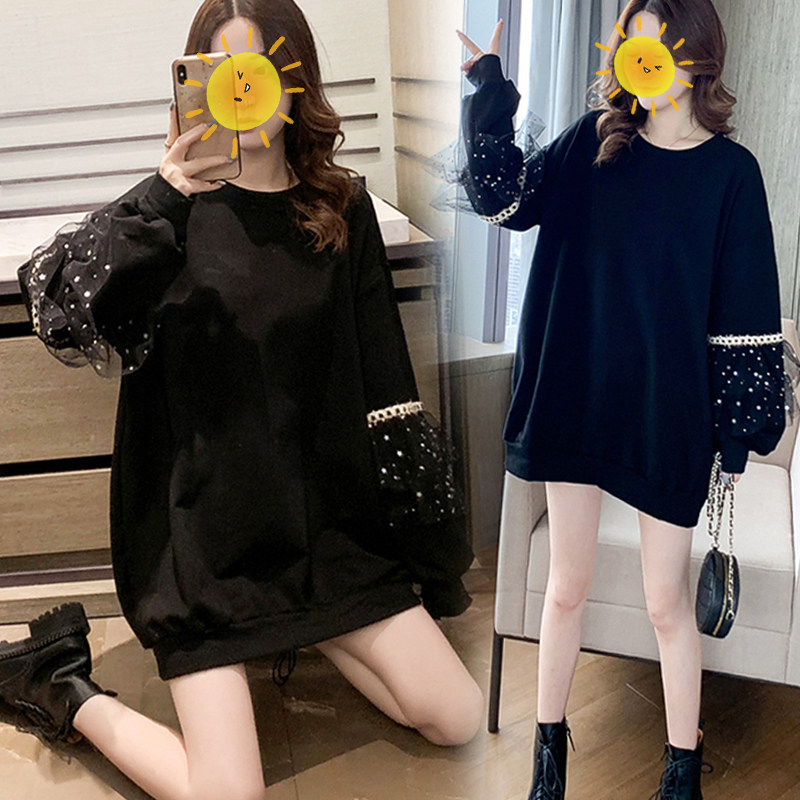 출산 가을 착용 정장 2024 새로운 패션 스타일 랜턴 슬리브 메쉬 느슨한 유행 MA 스웨터 중간 길이 가을 겨울