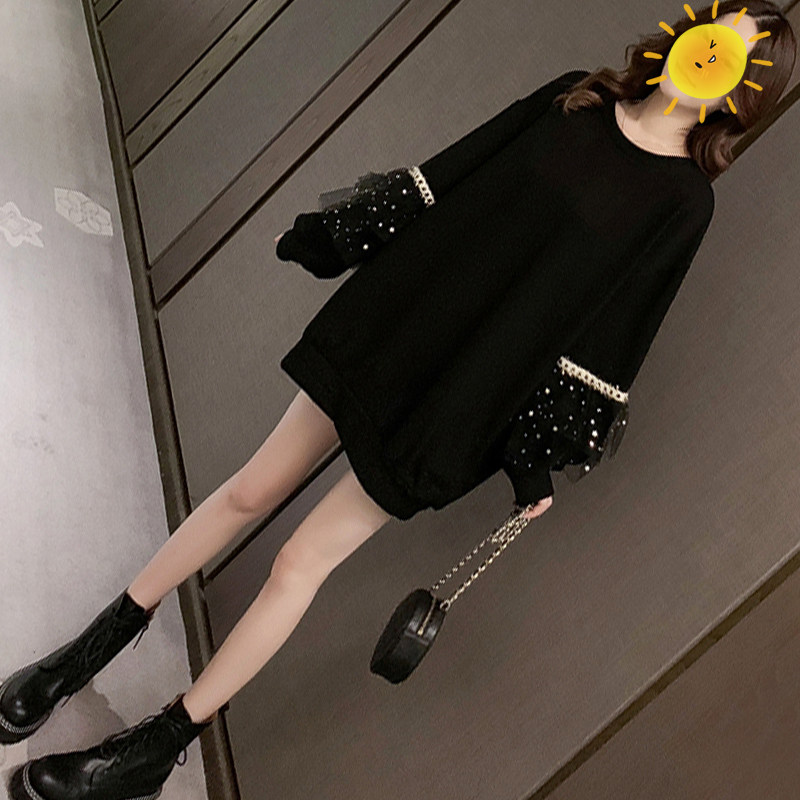 출산 가을 착용 정장 2024 새로운 패션 스타일 랜턴 슬리브 메쉬 느슨한 유행 MA 스웨터 중간 길이 가을 겨울