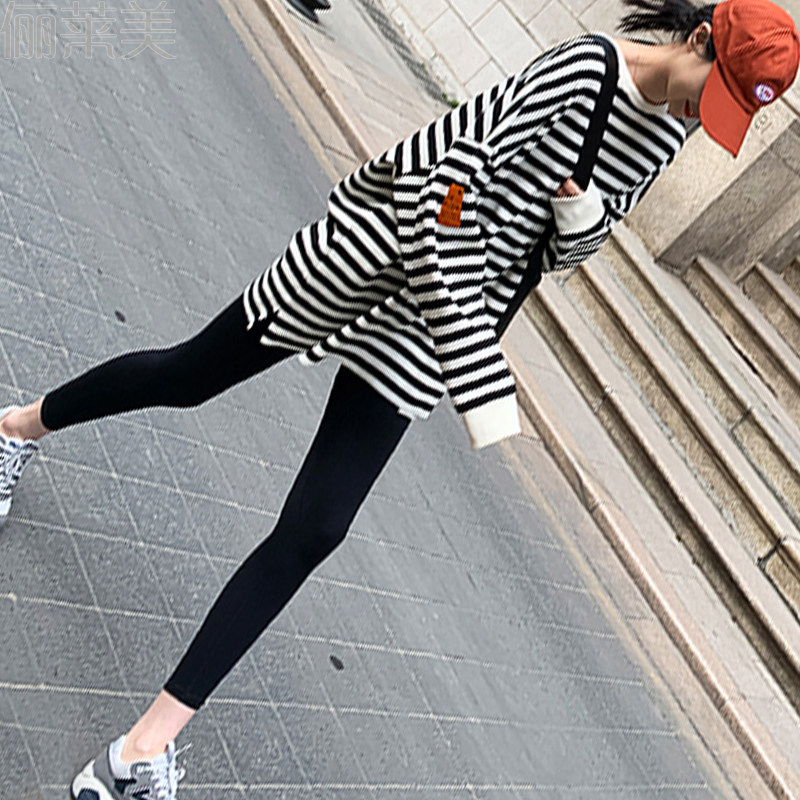 임신 여성의 가을 의류 정장 인터넷 연예인 패션 순수 코튼 스트라이프 탑 스웨트 셔츠 출산 의류 가을 겨울 새 드레스