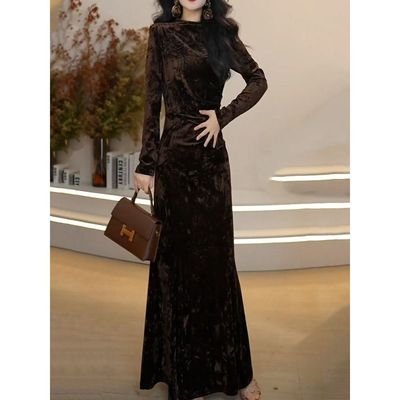 法式小香风轻奢丝绒长袖连衣裙2026春季新款气质优雅收腰显瘦长裙