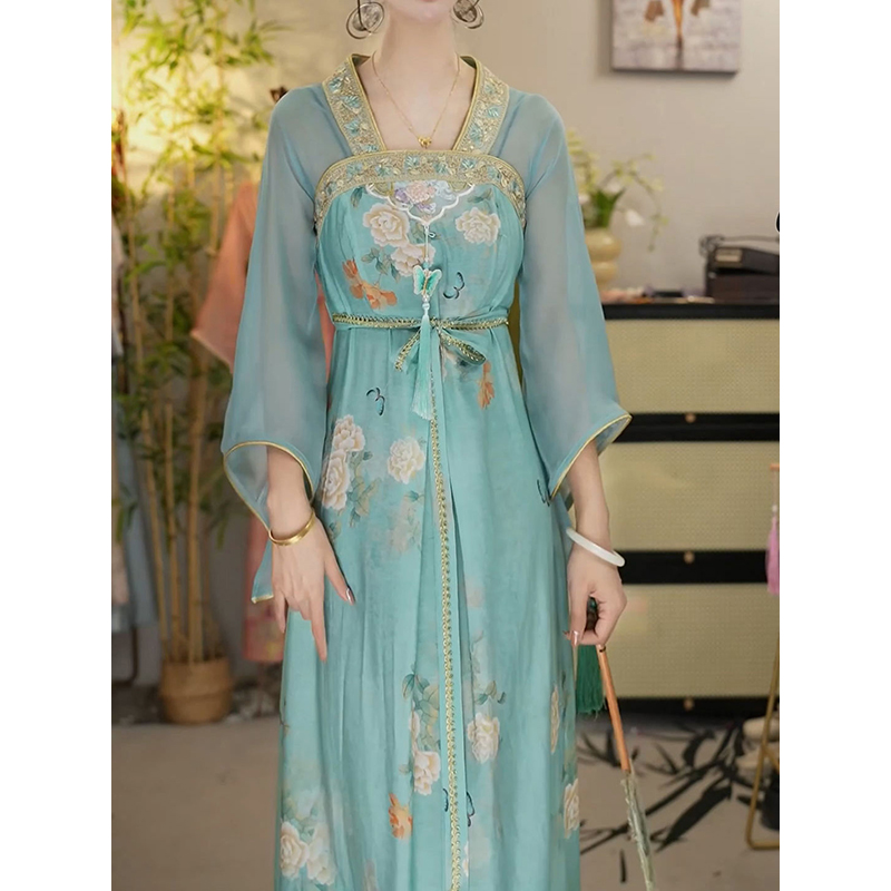 中式复古改良气质连衣裙女2025夏季新款系带收腰显瘦文艺旗袍长裙