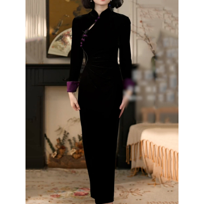 复古文艺风轻奢撞色拼接连衣裙2026春季新款高级感收腰改良旗袍裙