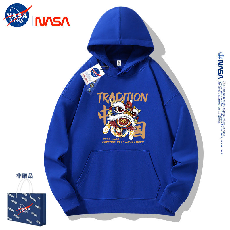 NASA连帽卫衣男女加绒加厚秋冬重磅美式帽衫宽松大码情侣外套定制