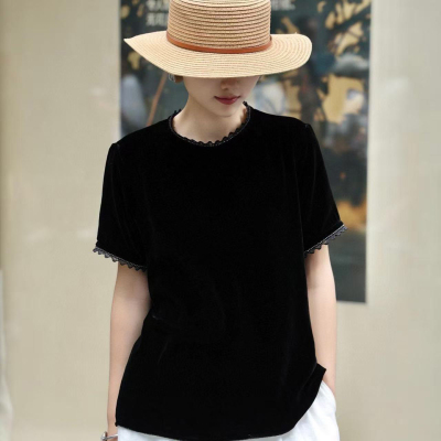 高级感蕾丝花边圆领真丝丝绒短袖衬衫女后背蝴蝶结设计减龄上衣夏