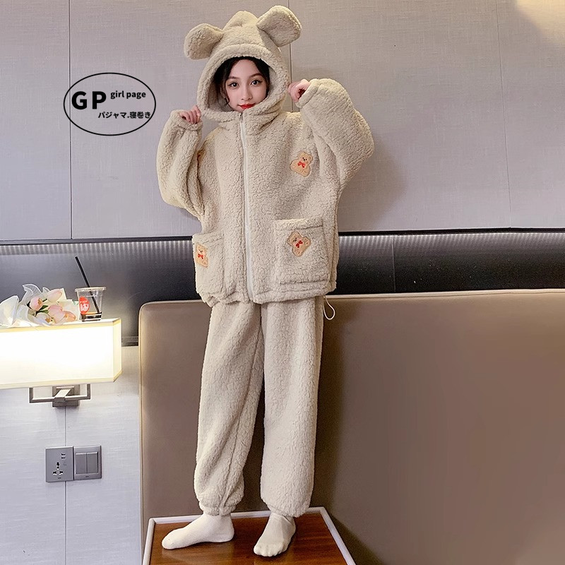 GP珊瑚绒睡衣女款冬季2025新款加绒加厚可爱卡通小熊连帽居家套装