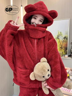 GP红色本命年加绒加厚珊瑚绒睡衣女2025新款秋冬季可爱学生家居服