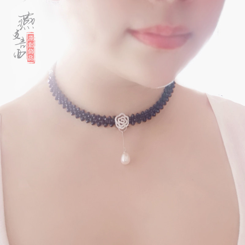 燕支吾西甲状腺术后遮挡黑尖石水晶女锁骨链短款925银玫瑰choker