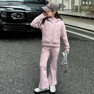 女童套装2025春秋季新款中大童时尚洋气长袖外套喇叭裤两件套