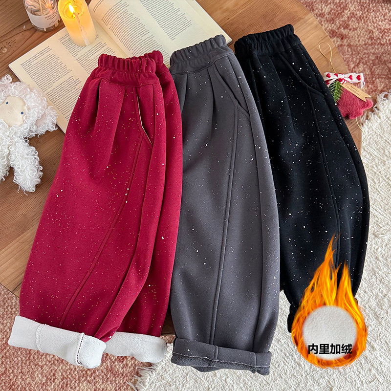 儿童加绒加厚裤子秋冬季新款男童女童弯刀裤哈伦裤卫裤百搭弯刀裤