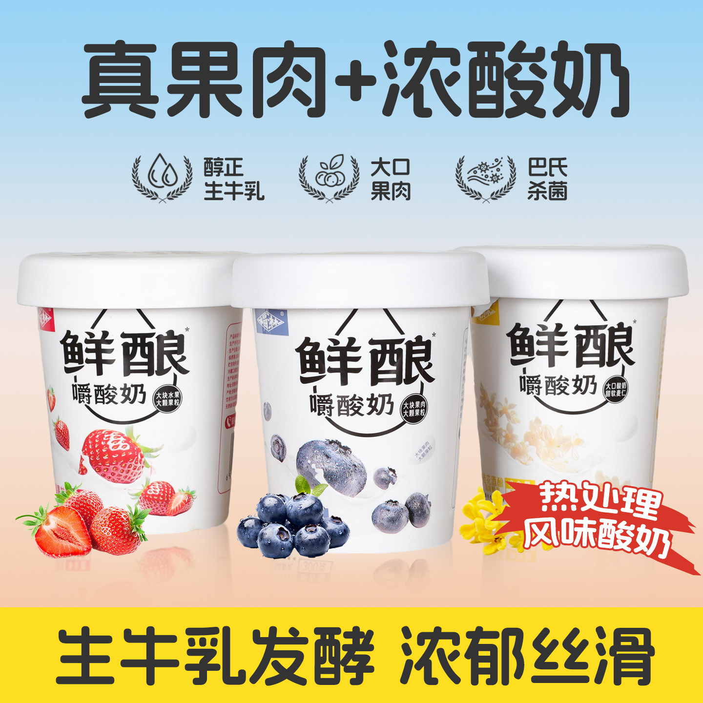 福淋鲜酿嚼酸奶草莓蓝莓黑加仑桂花味代餐酸奶300g大杯装