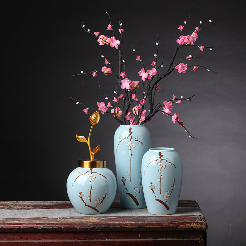 新中式手绘台面花瓶茶几餐桌台面花器田园花插陶瓷摆件电视柜摆设