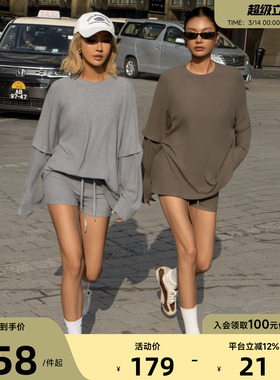 Aria Leisure 假两件运动上衣长袖T恤女瑜伽健身休闲套装三分短裤