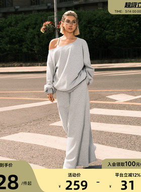 Aria Leisure 斜肩运动长袖T恤女秋季新款宽松运动卫衣休闲套装