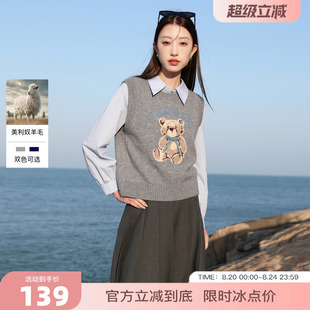 女装 新款 若潮大码 2025秋季 小熊蝴蝶结胖MM 圆领毛针织衫 无袖