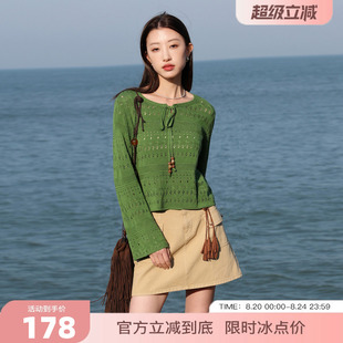 女装 新款 若潮大码 2025秋季 清新胖MM 圆领毛针织衫 镂空系绳长袖