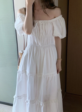 NN | 法式甜美泡泡袖方领长连衣裙女2025夏季新款设计感收腰压褶