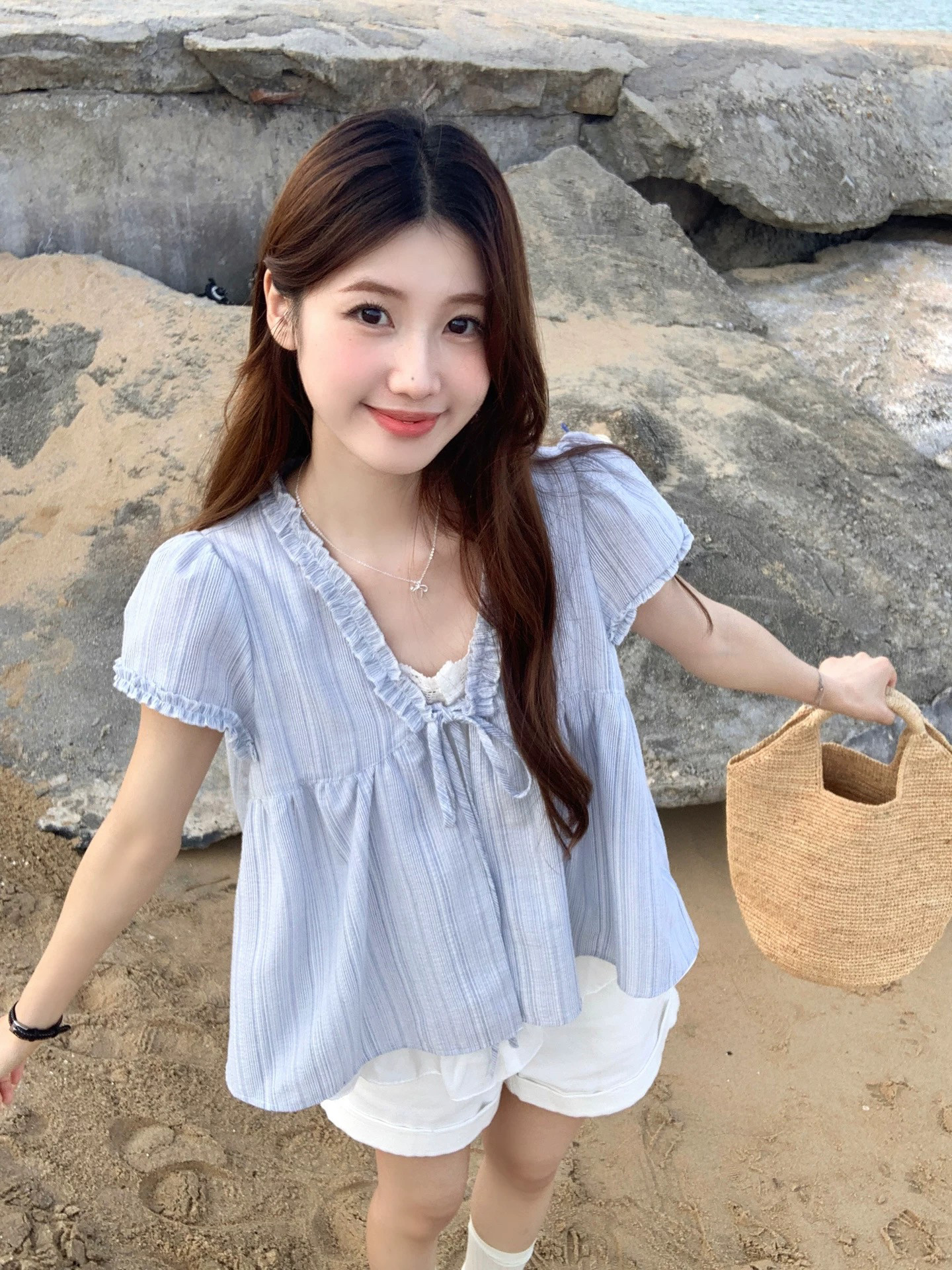 NN | 2025新款夏女韩系甜美小清新麻棉假两件短袖衬衫设计感上衣