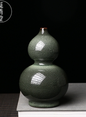 龙泉窑严加云全手工葫芦瓶仿古窑变花器哥窑铁胎黑美人把玩收藏品