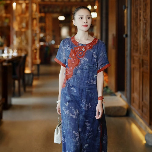羊在在正品中式改良旗袍夏季刺绣连衣裙气质显瘦纯苎麻舒适YQ1713