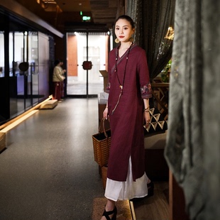 中长款 优雅复古亚麻国风新中式 显瘦连衣裙YL1638 素染芳华