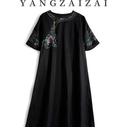 羊在在原创绣花改良旗袍开衩中长款连衣裙新中式百搭裙L24YL0683