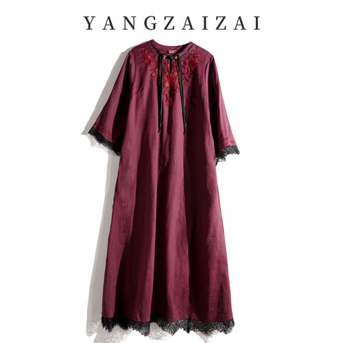 羊在在【蝶恋花】新中式文艺苎麻蝴蝶刺绣花边连衣裙L24XL978