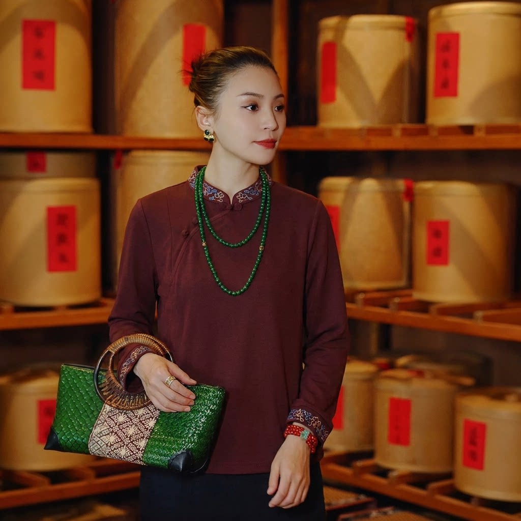 羊在在秋冬内搭中式国风刺绣修身洋气打底衫民族风上衣女YX2130