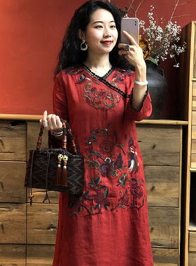 【羊在在】国风民族风2023春夏新品重工刺绣宽松V领连衣裙L038