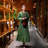 羊在在 青萝倩影 民族风刺绣亚麻鱼尾裙旗袍连衣裙LYQ25GY231