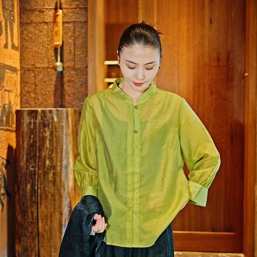 羊在在新中式国风铜扣设计感衬衣女宽松显瘦质感衬衫SY24YX0381