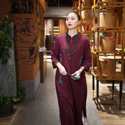 羊在在【沉香慢】民族风中式气质纯亚麻连衣裙旗袍LYQ26YL1679