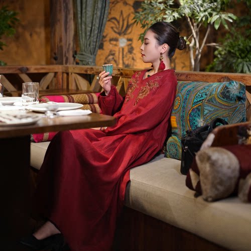 羊在在【花朝如约】民族风纯亚麻刺绣收腰双层连衣裙女LYQ25GY252