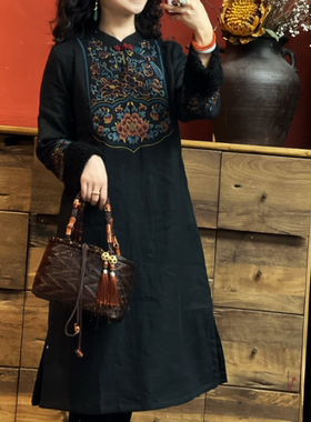 汉服女改良连衣裙复古绣花中国风秋冬夹棉加厚LYQ90135