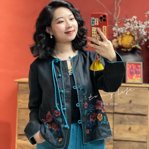 羊在在民族风中国风刺绣小衫女改良禅意对襟亚麻上衣SY25GY104