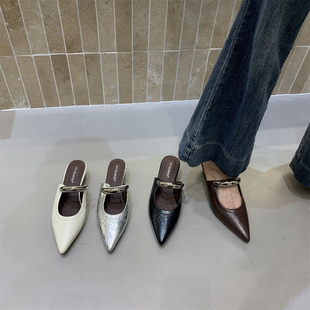 nana娜娜家增高金属扣法式包头半拖鞋女夏外穿坡跟尖头穆勒鞋凉拖