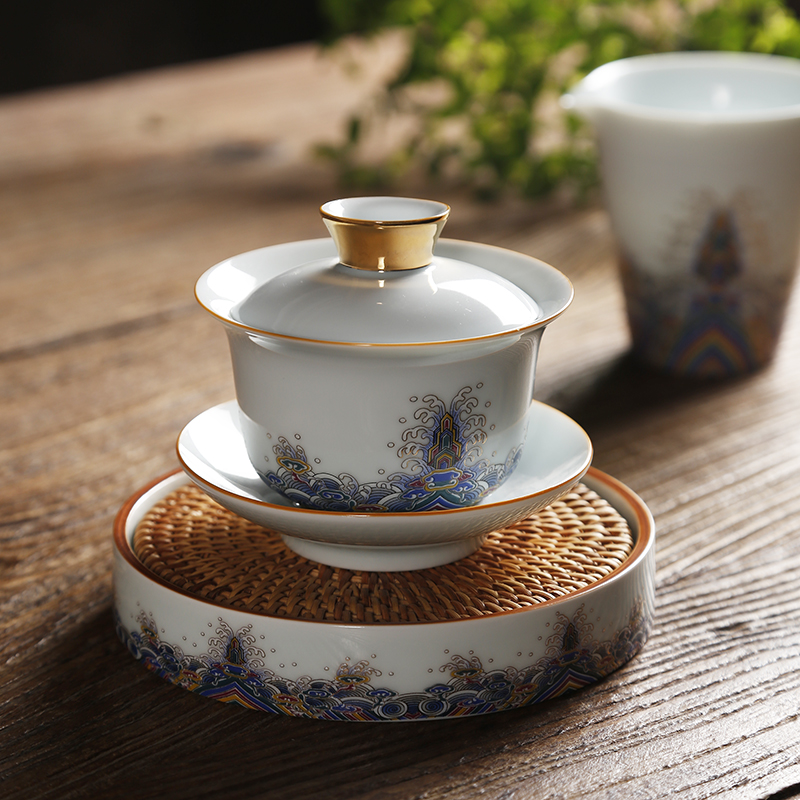 珐琅彩陶瓷三才盖碗茶杯白瓷功夫茶具茶碗大号壶承泡茶公道杯套装