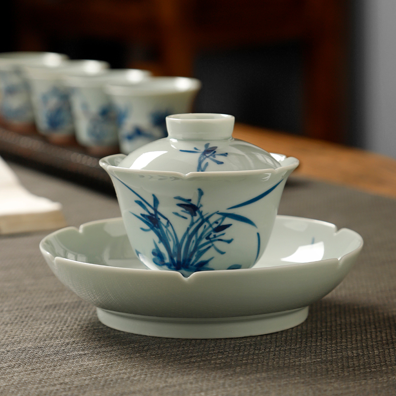 景德镇手绘青花三才盖碗防烫