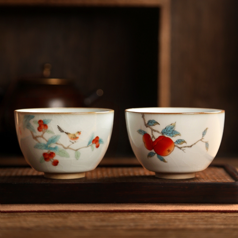 汝窑花鸟主人杯茶碗小茶杯单个功夫茶具建盏品茗杯个人杯陶瓷茶道