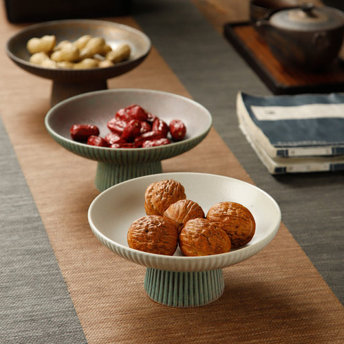 窑变中式茶点盘高脚盘粗陶碟子